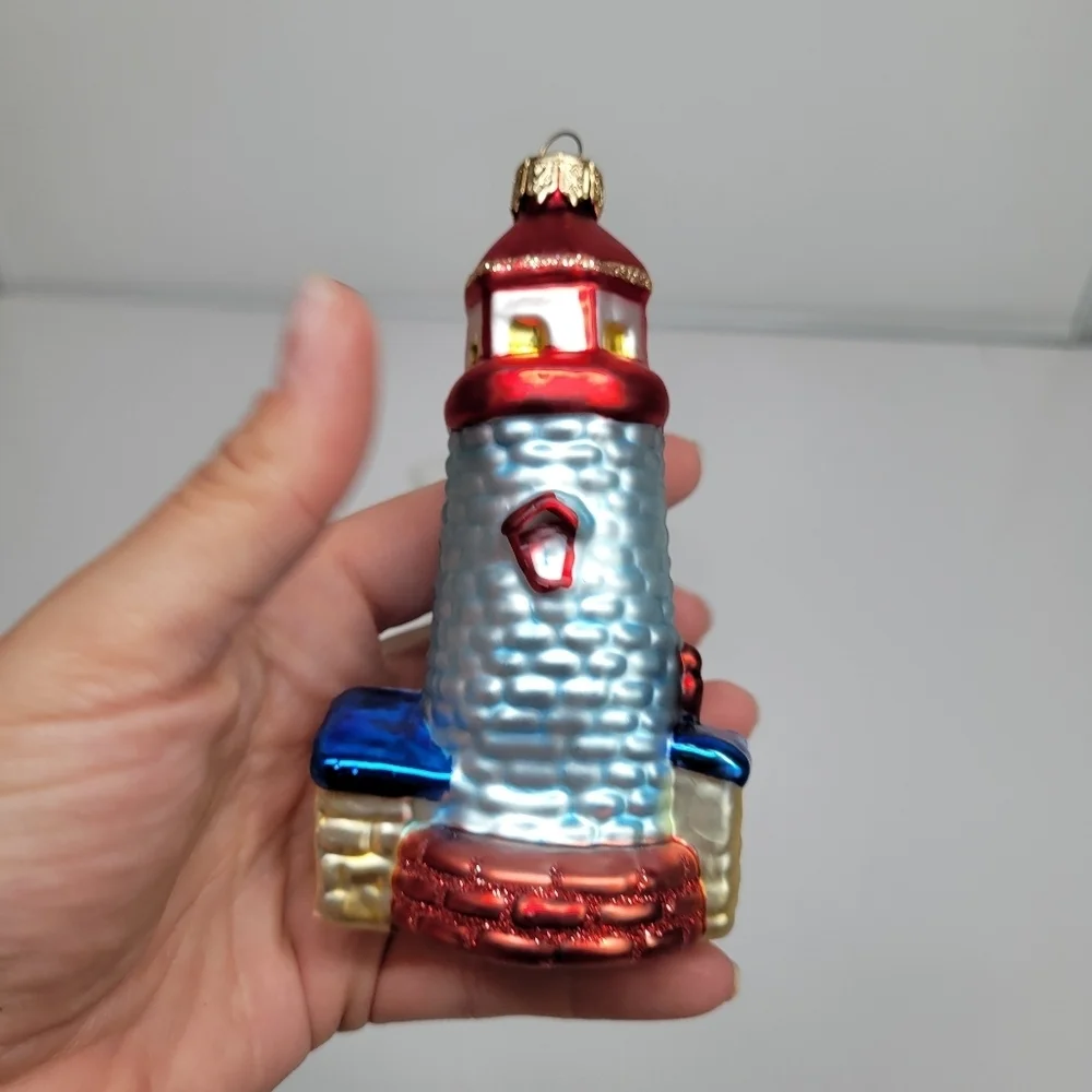 VTG Blown Glass lighthouse‎ Ornament Red Blue Glitter Ocean Coastal Holiday Gift